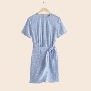 & Other Stories Blue & White Ditsy Leaf Print Knot Detail Mini Dress Size 4